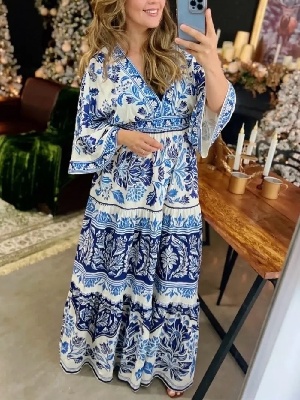 FARM Rio Blue and White Floral Maxi Dress Size L - Picture 5 of 10